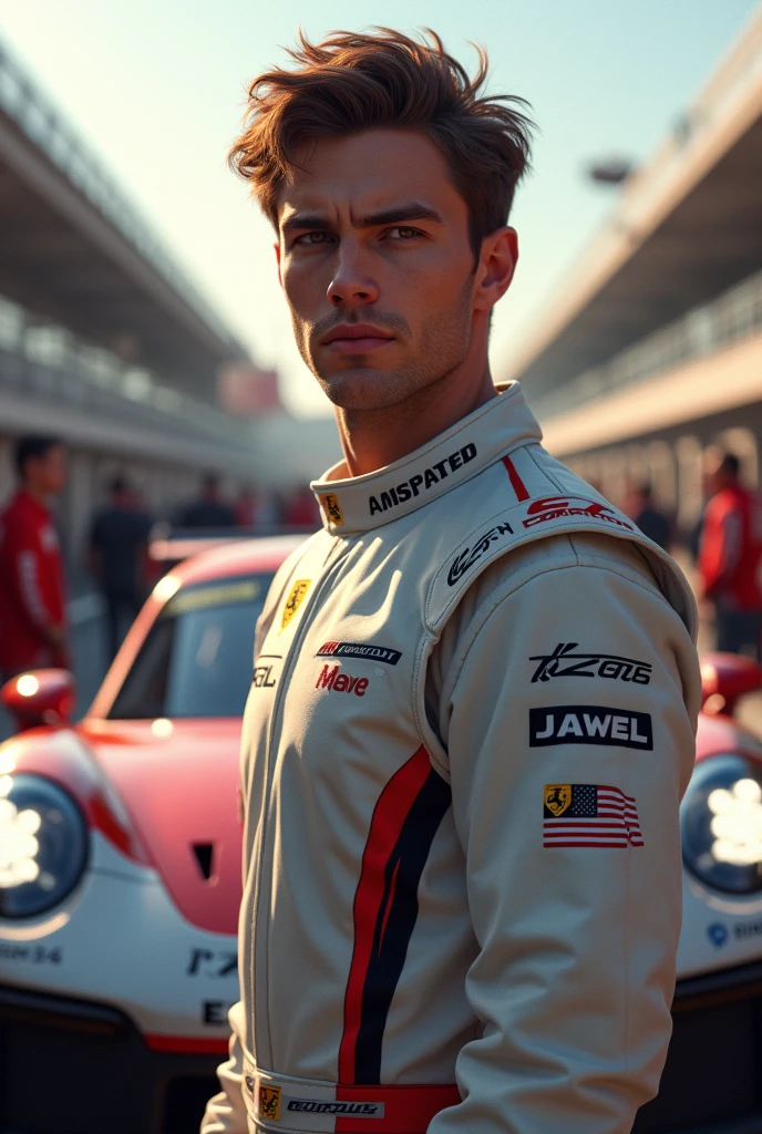 (Photorealism:1.2), Porsche Cup male driver with brown hair and eyes in front of the pitlane 8k ultra realistic