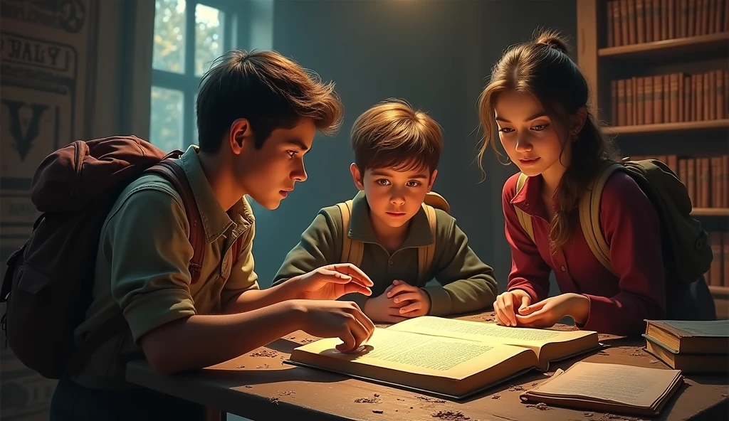 "A close-up of a wooden table cluttered with old papers and a single dusty book. The book has a hidden compartment with a cryptic riddle. The table is surrounded by shelves filled with leather-bound volumes. Alex(Alex: A young man with tousled brown hair, dressed in a brown jacket over a gray t-shirt. He has a rugged, adventurous look, carrying a backpack, suggesting he's ready for a journey or an outdoor adventure.) is examining the book, while Jamie (Jamie: A sharp-looking young man with short dark hair, wearing a red jacket over a black turtleneck. He has a focused, intense expression, and is also carrying a backpack, giving off the vibe of someone on a mission in an urban environment.) Priya(Priya: A young woman with long black hair, dressed in traditional attire with gold earrings. She has a serious, contemplative expression, standing in a warmly lit setting, suggesting depth and mystery in her character.) scans the room for additional clues."