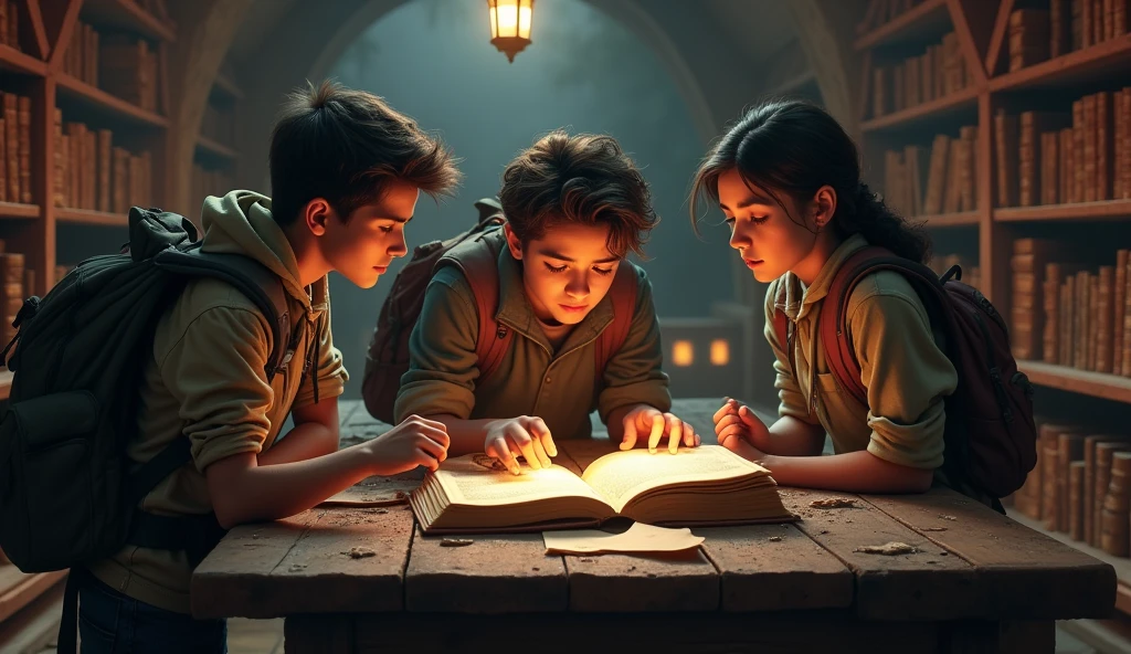 "A close-up of a wooden table cluttered with old papers and a single dusty book. The book has a hidden compartment with a cryptic riddle. The table is surrounded by shelves filled with leather-bound volumes. Alex(Alex: A young man with tousled brown hair, dressed in a brown jacket over a gray t-shirt. He has a rugged, adventurous look, carrying a backpack, suggesting he's ready for a journey or an outdoor adventure.) is examining the book, while Jamie (Jamie: A sharp-looking young man with short dark hair, wearing a red jacket over a black turtleneck. He has a focused, intense expression, and is also carrying a backpack, giving off the vibe of someone on a mission in an urban environment.) Priya(Priya: A young woman with long black hair, dressed in traditional attire with gold earrings. She has a serious, contemplative expression, standing in a warmly lit setting, suggesting depth and mystery in her character.) scans the room for additional clues."