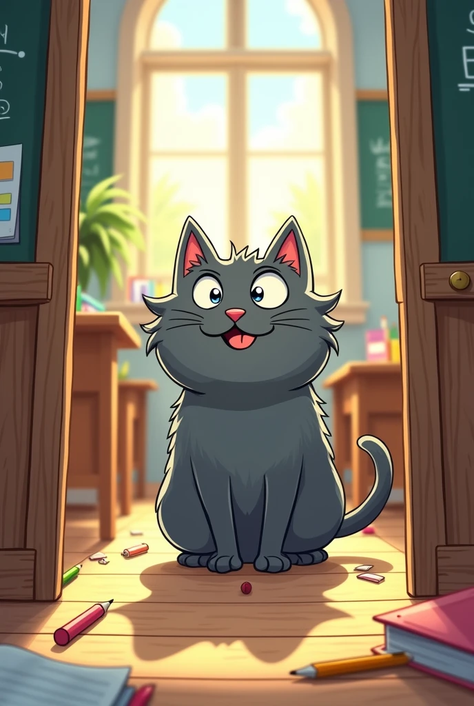 (cartoon style) gray cat locked in a classroom

