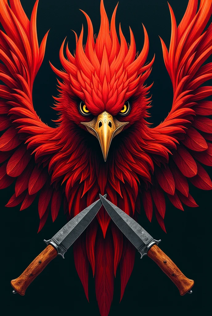 Drawing of a mafia red phoenix with weapons only face
