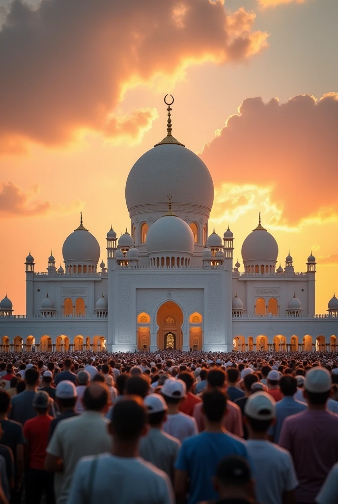 A view of Dhaka's Baitul Mukarram Mosque, where hundreds of people have gathered to offer prayers. People are standing in the large open field in front of the mosque and the sun is setting in the sky, giving a bright glow to the white dome of the mosque.