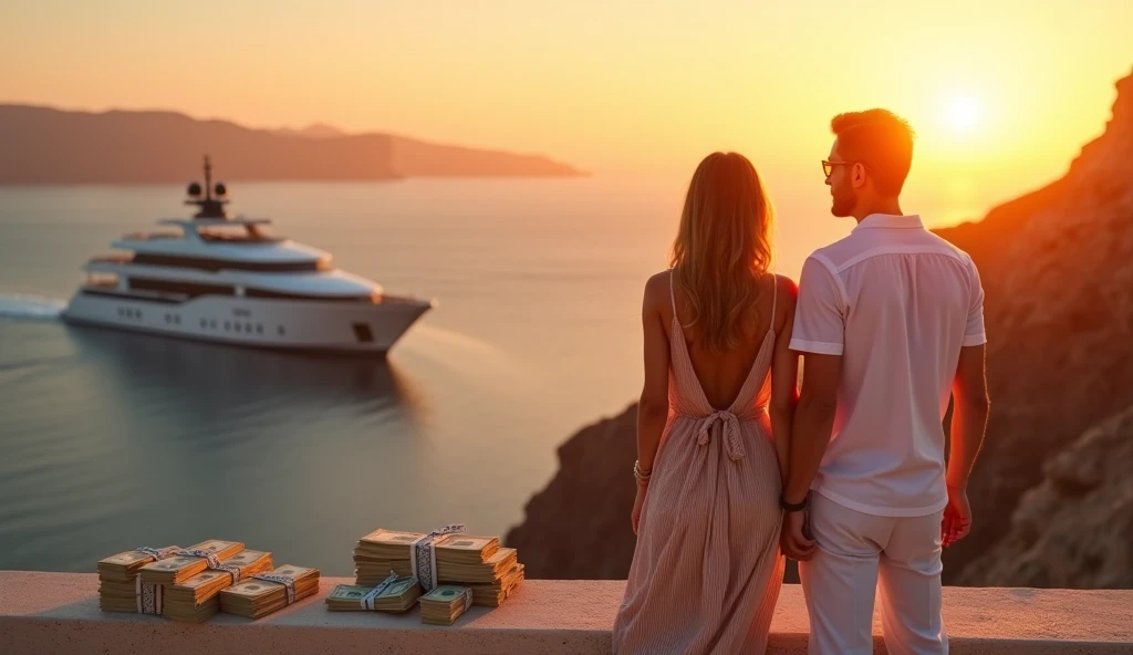 Couple at the Santorini Cliffs: A wealthy couple enjoys the sunset on the cliffs of Santorini, Greece, dressed in designer resort wear. They’re surrounded by luxury, with a private yacht in the water below and stacks of dollar bills scattered around them.