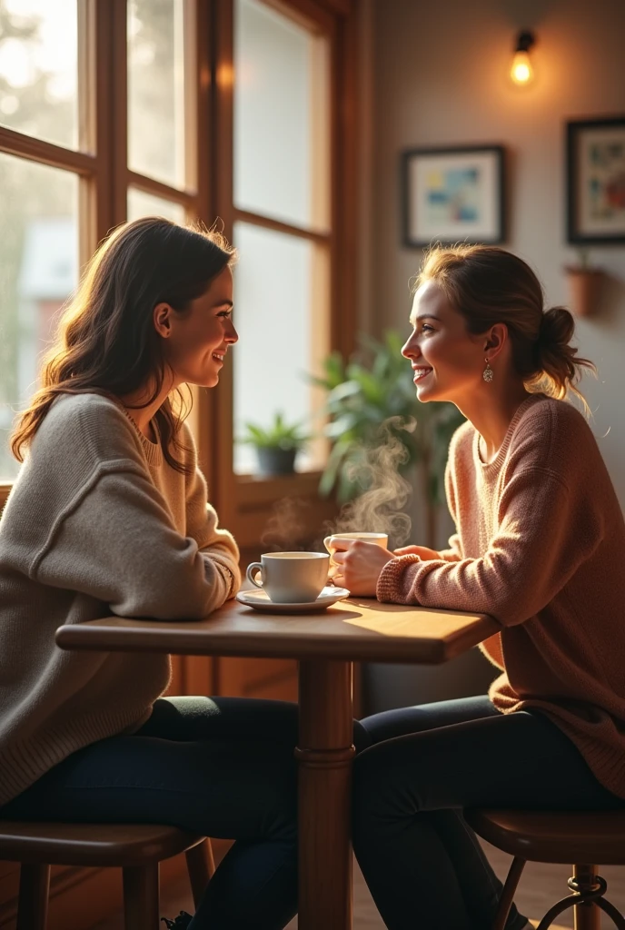 Create a woman having coffee with a friend