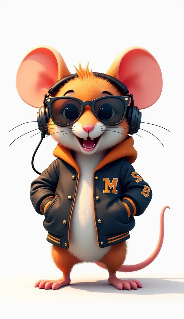 Perfect centering, Cute mouse, Wear a student team jacket, Wearing sunglasses, Wearing headphones, cheerfulness, Standing position, Abstract beauty, Centered, Looking at the camera, Facing the camera, nearing perfection, Dynamic, Highly detailed, smooth, Sharp focus, 8K, high definition resolution, illustration, Art by Carne Griffiths and Wadim Kashin, White background