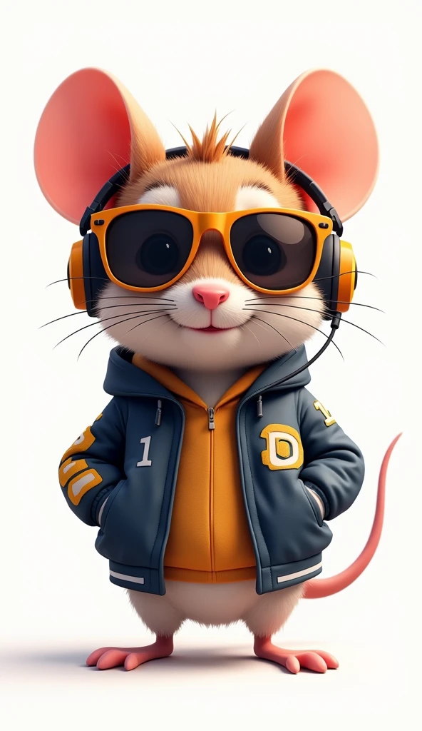 Perfect centering, Cute mouse, Wear a student team jacket, Wearing sunglasses, Wearing headphones, cheerfulness, Standing position, Abstract beauty, Centered, Looking at the camera, Facing the camera, nearing perfection, Dynamic, Highly detailed, smooth, Sharp focus, 8K, high definition resolution, illustration, Art by Carne Griffiths and Wadim Kashin, White background
