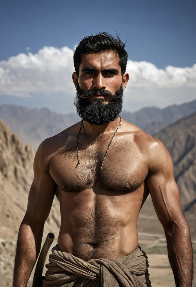 A 30-year-old Afghani man with a commanding presence, standing tall and proud against the backdrop of a rugged mountain landscape. His well-defined muscles ripple under the intense sunlight, a testament to his hardworking lifestyle and dedication to physical fitness. The man is shirtless, showcasing a chiseled torso with not a single tattoo or blemish to be seen, a stark contrast to the rough terrain surrounding him. His beard, meticulously shaved, frames a strong jawline and piercing eyes that reflect the resilience and determination characteristic of his people. The light catches the subtle sheen of sweat on his bare chest, emphasizing the contours of his physique. He stands with one hand resting on the handle of a traditional axe, symbolizing his connection to the land and the labor that has shaped him. His other hand is raised in a gentle wave, offering a warm and welcoming gesture to the viewer. The background is a blend of dusty earth and towering peaks, with a touch of vegetation struggling to survive in the arid climate. The overall composition exudes a sense of power, hospitality, and the unyielding spirit of the Afghan people.