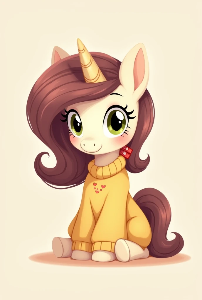 Create My Little Pony: Friendship is Magic Oc that's a short and stout unicorn with a stubby short horn hidden away in her long brown mane to, which covers her left eye and shoulder with a single Mulberry highlight. She sported two red hair clips fastened to her mane near her muzzle. Her somewhat short tail also had two Mulberry highlight. She was dressed in a loose yellow sweater dress. Her coat was a albescent white, and her eyes were an olive green.