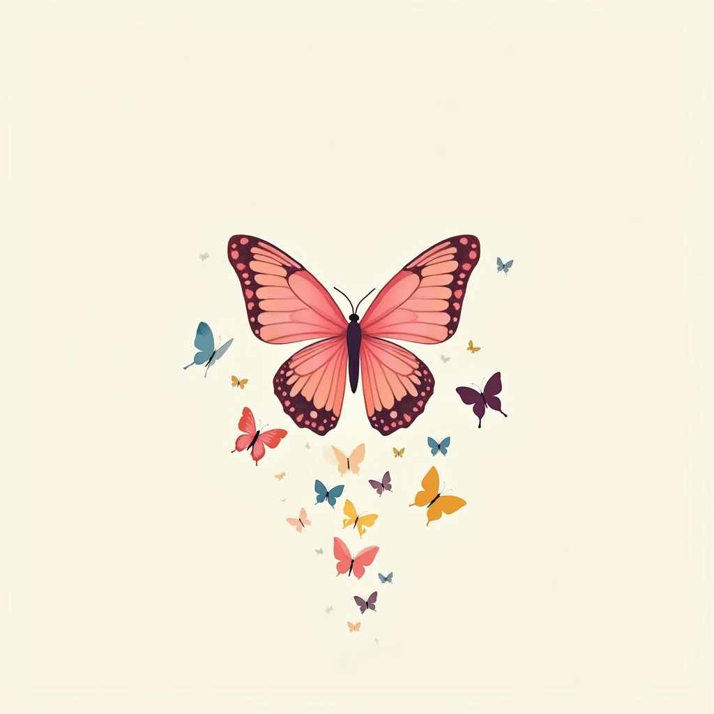 High resolution, masterpiece, detail, 高いdetail, A minimalist with a butterfly heart, Illustration, Decorative art, I see the heart、The edges of the heart turn into butterflies and crumble.、colorful、Butterfly、pink、blue、yellow、purple、background、