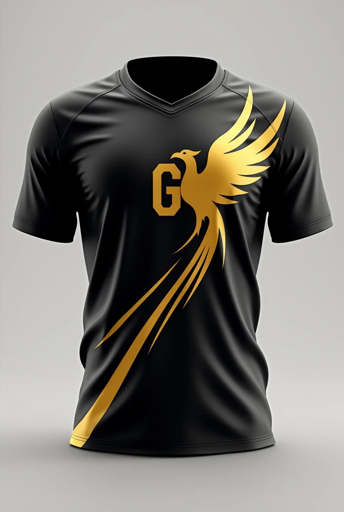 Create a high school sports jersey with a minimalist golden phoenix design. The jersey is primarily black, with the golden phoenix rising diagonally from the bottom left corner toward the right shoulder. The phoenix's wings are outstretched, forming sharp, angular lines that extend across the chest, suggesting motion and power. The player's number is placed in large, bold gold font on the center of the chest, partially overlapping with the wings. The tail feathers of the phoenix flow elegantly down the side of the jersey, creating a dynamic visual effect. The design should feel sleek, modern, and symbolic of rebirth and strength.