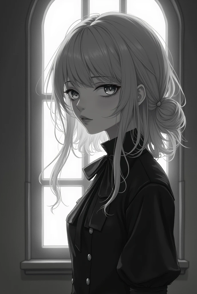 Female anime, light silver gray hair, bright silver eyes looking towards the window. Mysterious beauty attracts. Black and white vintage outfit