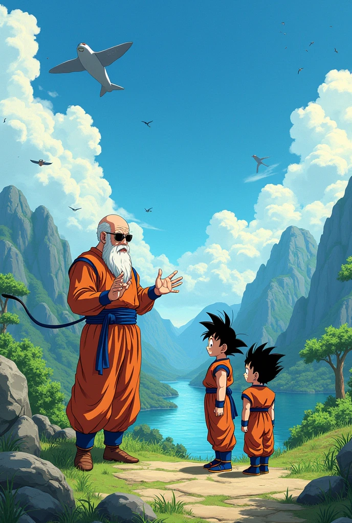 Master Roshi begins to explain to Goku and Kuririn children about the phenomenon of flying rivers in the Dragon Ball anime style.