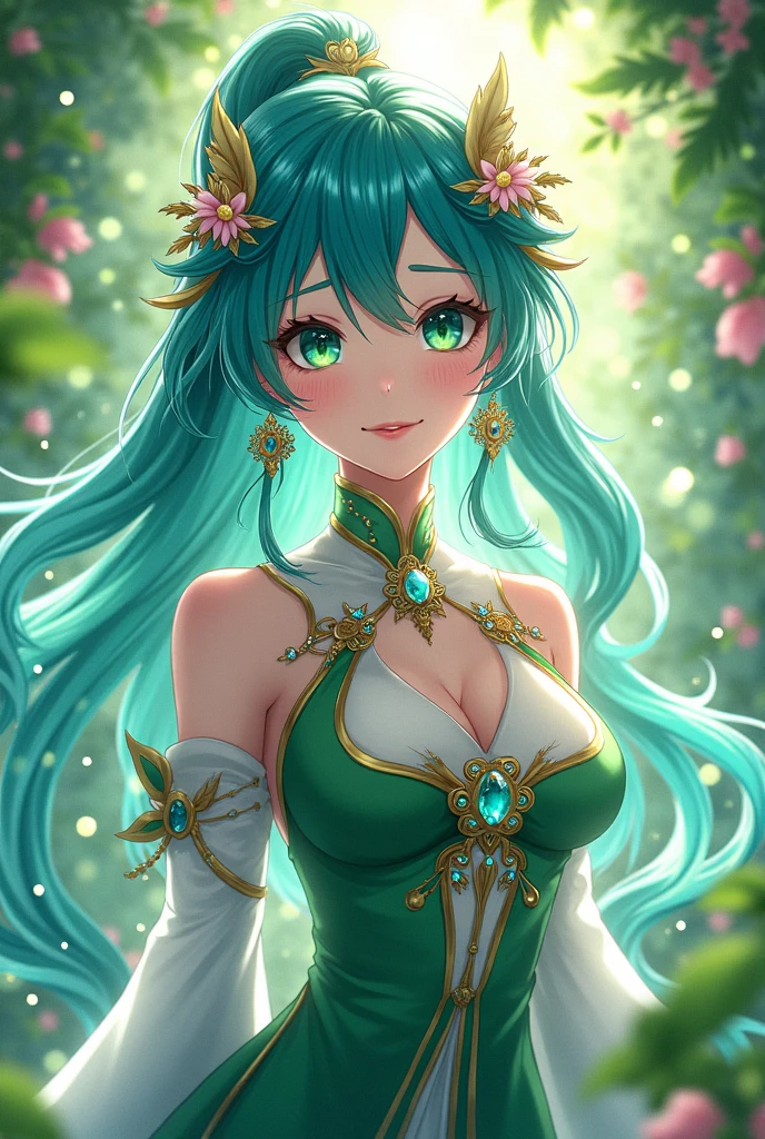 Anime masterpiece, enchanting character, mesmerizing features, striking one green eye contrasting with one blue eye, beautiful flowing hair with hues blending from deep emerald to bright azure, dressed in an intricately designed costume adorned with vivid floral motifs and sparkling gemstones, whimsical background of a lush enchanted forest, vibrant blossoms cascading around, ethereal sunlight filtering through the leaves casting playful shadows, character posed thoughtfully with a gentle smile, conveying both confidence and warmth, soft sparkling accents create a magical aura around them, adding depth and dimension to the composition, dynamic poses accentuating fluidity and grace, vibrant color palette enhancing the mood with rich greens, vivid blues, and playful pastels, enchanting atmosphere inviting viewers into a dramatic yet dreamy world, anime style characterized by expressive features, exaggerated proportions, and detailed textures, hand-drawn lines emphasizing the character's unique characteristics while blending seamlessly with the dreamy environment, high-resolution digital artwork exuding charm and beauty, captivating the essence of classic anime combined with modern flair