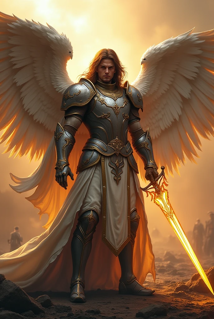 Ash battlefield scenery, hyper realistic, handsome male, Archangel, long brown hair, Detailed angelic knight armor, holding an intricate sword beaming gold energy, mighty, battle ready pose, fierce and confident expression, no facial hair, HD