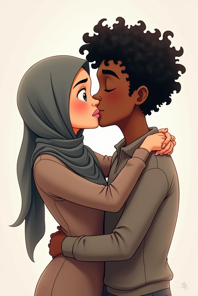 drawing of a couple, with a young couple with a slight smile where the woman is white with straight black hair and the man is black with curly black hair, as if it were a cartoon, the boy can't control himself and kisses her on the lips and the girl wearing grey hijab shocked at his actions, french kissing. the drawing has to be animated but a little realistic, the couple has to be hugging each other, nothing too ish. the couple has to look like they are . the boy's hair is curly and defined, while the girl has happy facial expressions but not too much, just a slight smile