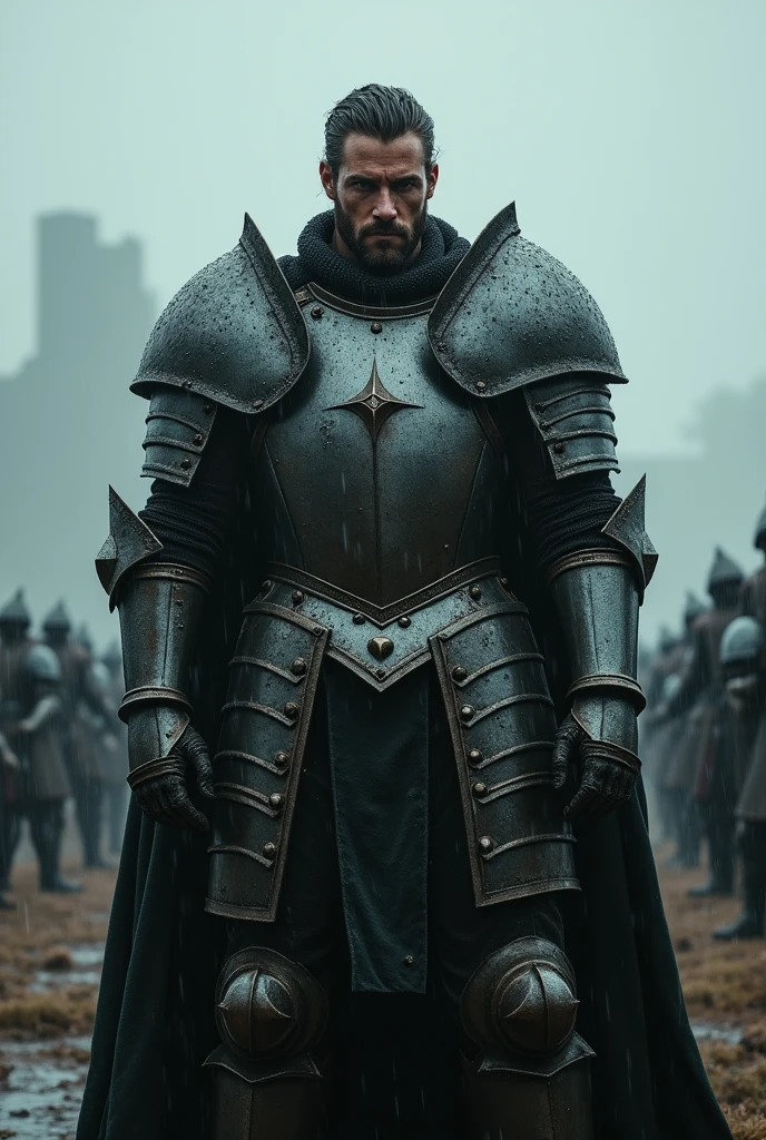 A tall knight stands in the middle of a battlefield and looks slightly upwards the rest is a bit blurry looking from above at the battlefield it is raining the camera is 20 meters away