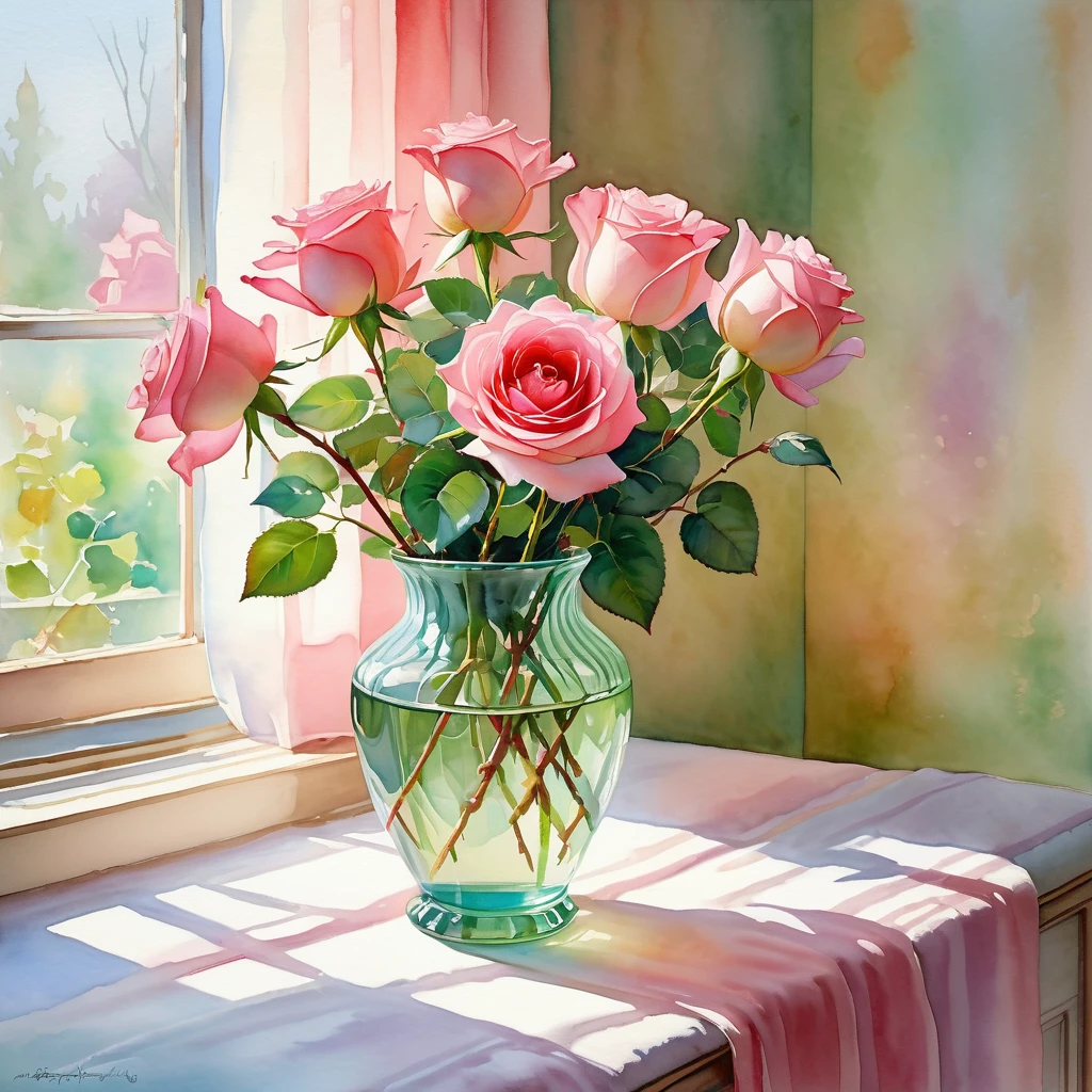 watercolor art,bedroom scene,Beautiful detailed roses in a vase,Soft and delicate brush strokes,Subtle color harmony,Light and airy atmosphere,Romantic and heavenly,Impressionist lighting,Vivid and vivid colors,shades of pink and red,Lush green leaves and stems,reflection in glass vase,Soft shadows and highlights,Retro decorative elements,Cozy and relaxing atmosphere。