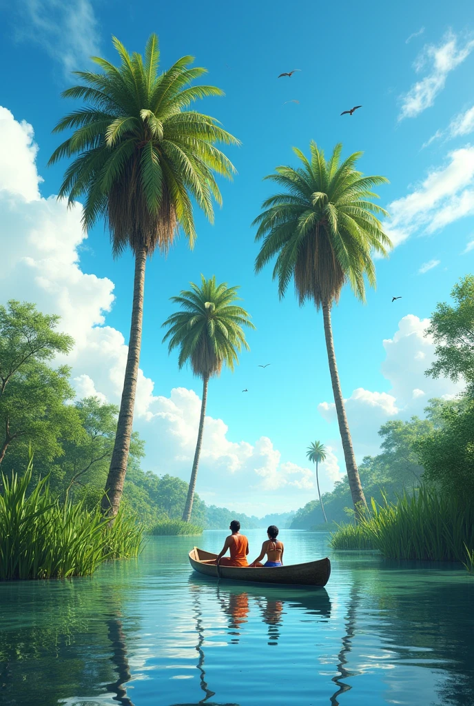 Image with three buriti palm trees (Mauritia Flexuosa) in the swamp, with the sun showing in the blue sky, with birds flying in the distance in the sky. With an indigenous couple inside the canoe, rowing.