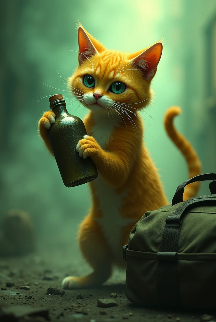 a cat with a bottle of poison , toxic gases  , green gas , duffel bag, yellow fur