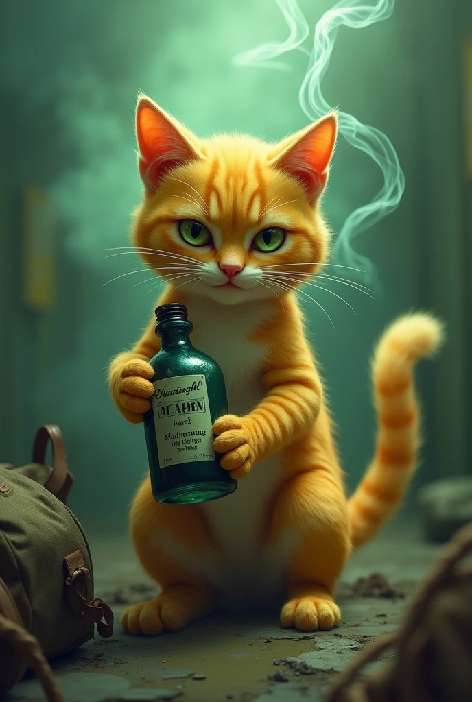 a cat with a bottle of poison , toxic gases  , green gas , duffel bag, yellow fur