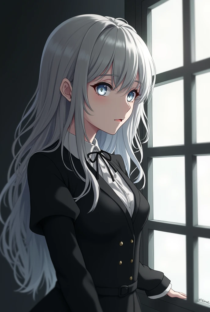 Female anime, light silver gray hair, bright silver eyes looking towards the window. Mysterious beauty attracts. Black and white vintage outfit