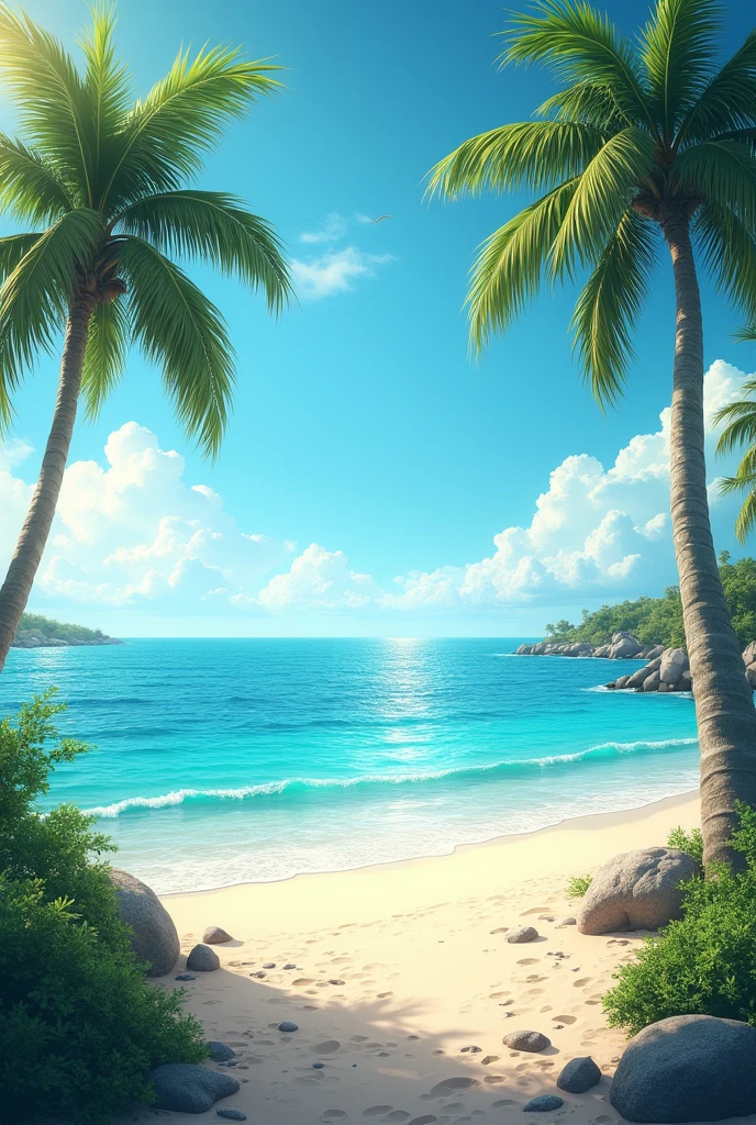 Create me a picture with sun, beach and sea