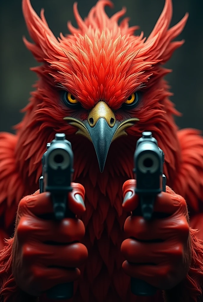 Drawing of a mafia red phoenix with guns and glasses only face