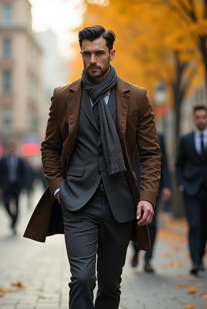 фото full length идущего по городу русского мужчины, Medium height, 35 years, black hair, Sports figure, broad shoulders, a neat stylish hairstyle, wide cheekbones, in a suit and scarf, in a worn-out brown suit, in a woolen suit, in a dark gray suit, formal suit, with a scarf around his neck, the scarf is tied in a knot around the neck, in a business suit, Grey trousers and black shoes, in a black and gray suit, in a business suit, in a business suit, warm autumn, Early autumn, Sunny weather, walking through the city, looks ahead, Stylish look, thoughtful look, full length, free pose, dynamic pose, solar lighting, daylight, black hair, blunt bangs, Serious, expressionless, atmospheric perspective, bokeh, f/1.8, 85mm, Nikon, depth of field, uhd, masterpiece, accurate, anatomically correct, textured skin, super detail, high details, high quality, highres, 4K
