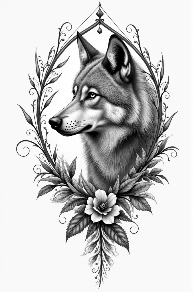 Draw me a tattoo template made of filigree lines showing a wolf's head from the front, but who looks to the side. The wolf's head should be surrounded by leaves and natural ornaments, from which the head looks out. The tattoo should fit on the left side of the chest of a woman