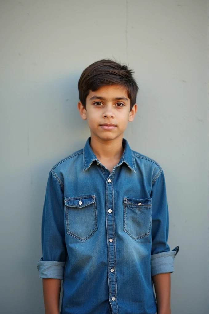 A 2 slim boy in a denim shirt stands in front of a wall