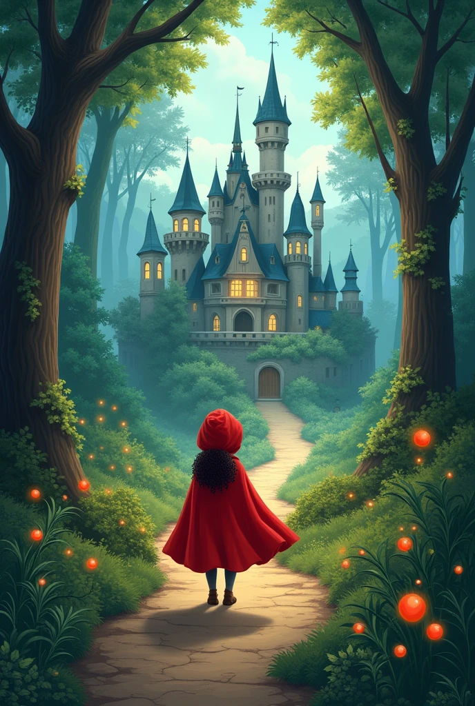 Once upon a time, in a magical forest a young girl named Little Red Riding Hood, who loved visiting his grandmother.One day, while walking along the trail,she found an enchanted castle she had never seen before. curious, decided to approach.