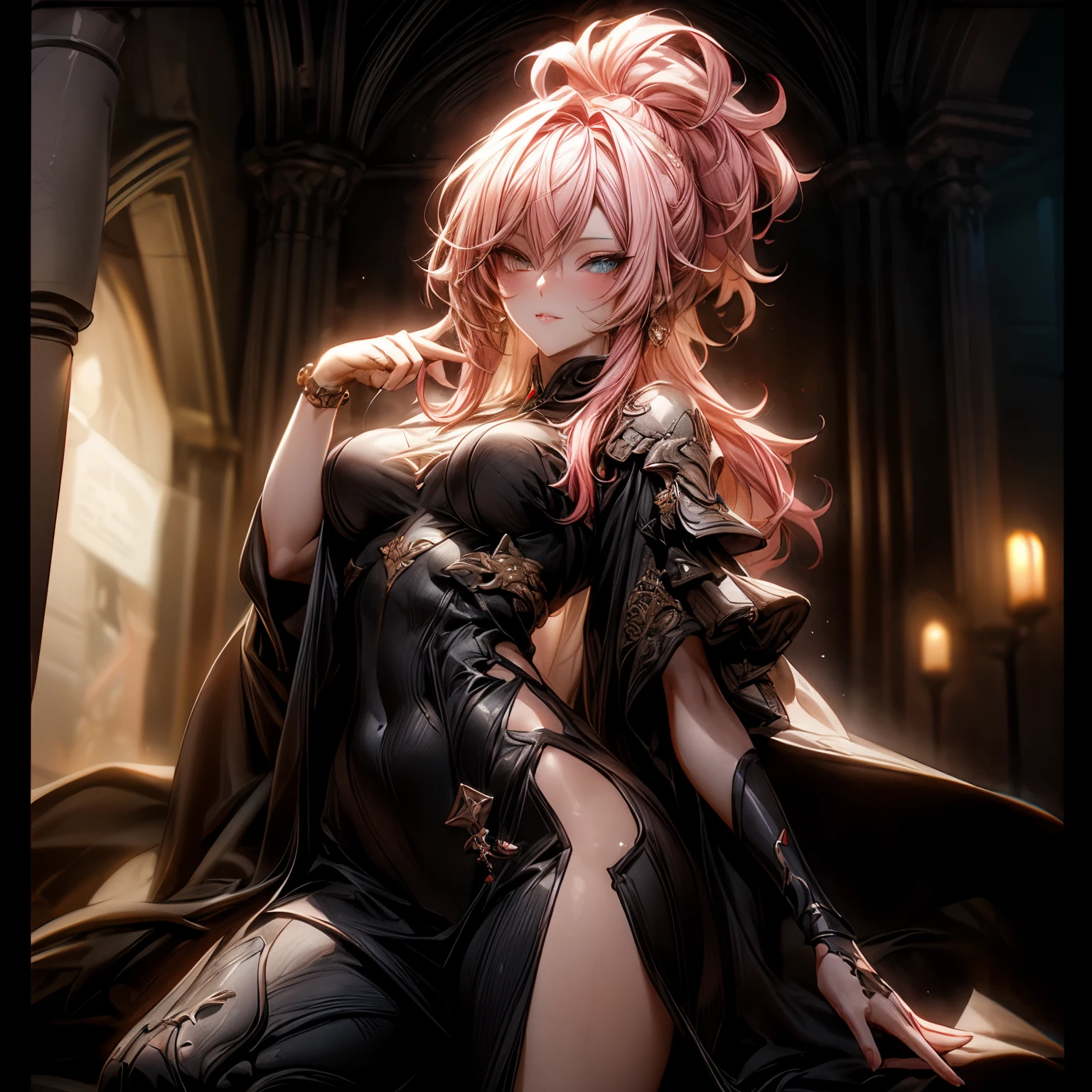 (best quality)), ((Masterpiece)), (details:1.4), 3d, HDR (high dynamic range), an image of a beautiful cyberpunk female, fantasy, Cyberpunk, Medieval, pink hair, High ponytail, Full body, Beautiful white eyes, จมูกโด่ง, ปากแดง, หน้าอกใหญ่, nvidia RTX, PBR surface, After processing, Anisotropic filtration,depth of field, Maximum clarity and clarity, multi-layered surface, Subsurface scattering, perfect proportions, 8K raw files, ultra detailed, Perfect proportions, volumetric lighting, soft lighting, Holy Paladin, Heavy Golden Armor, Red dress, glossy skin, intricate silver embroidery, Castle hall background, jewely, ต่างหู, นิ้วมือสมบูรณ์,