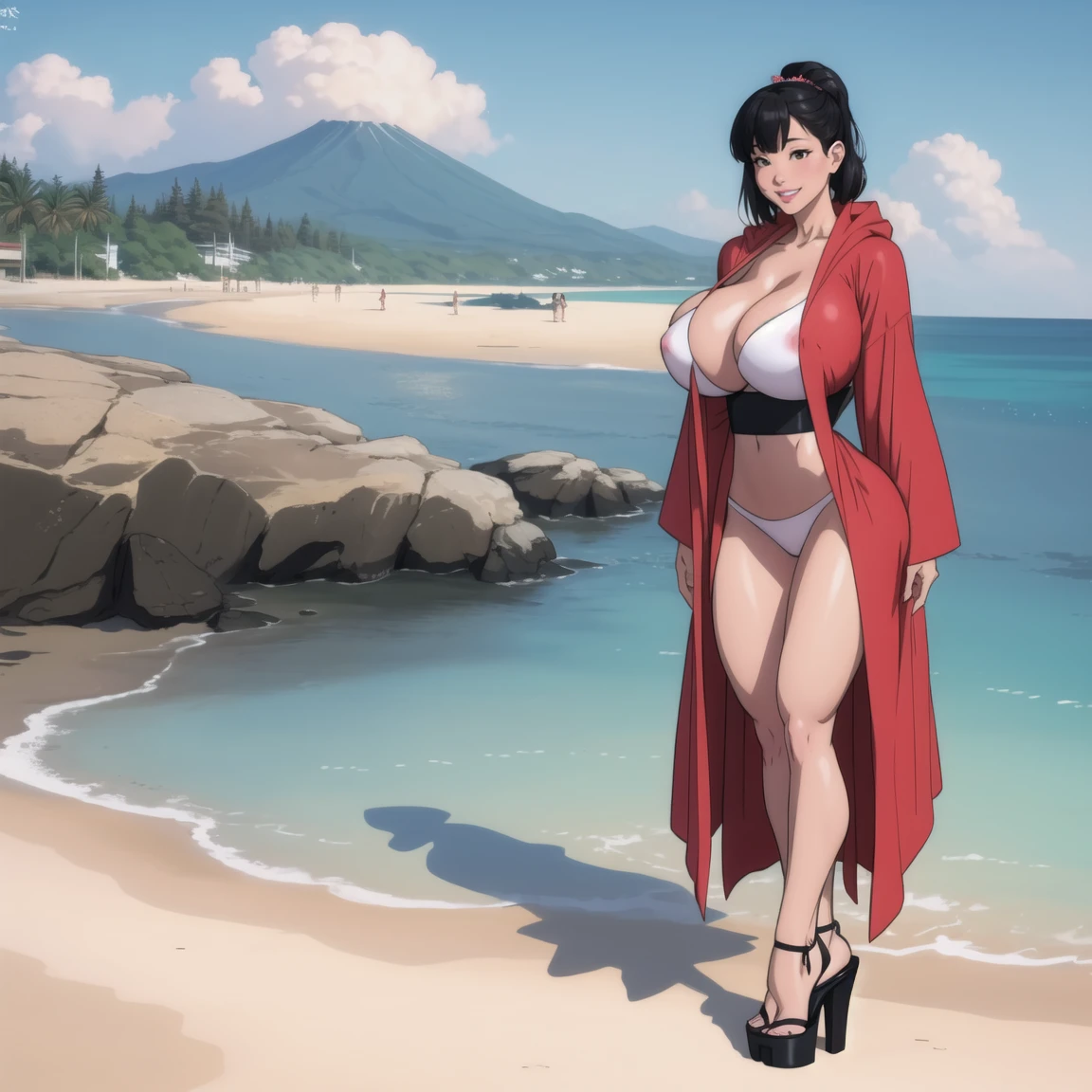 several japanese women with enormous breasts, using a sexy bathrobe with high heels at a beach, with a naughty smile in the face