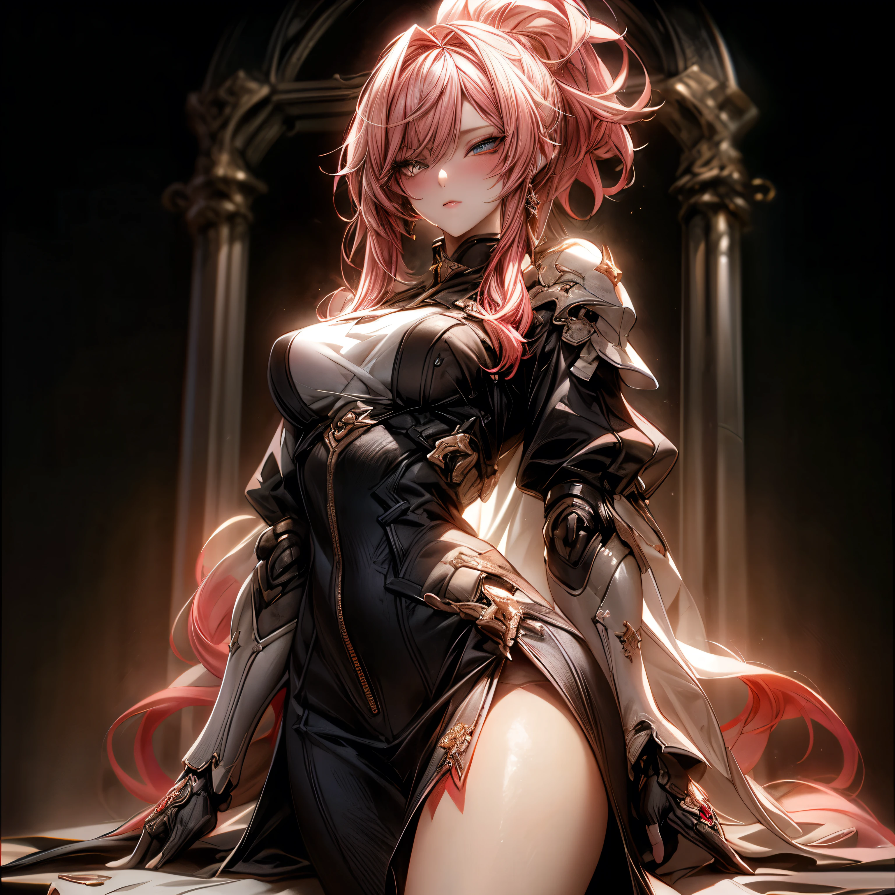 (best quality)), ((Masterpiece)), (details:1.4), 3d, HDR (high dynamic range), an image of a beautiful cyberpunk female, fantasy, Cyberpunk, Medieval, pink hair, High ponytail, Full body, Beautiful white eyes, จมูกโด่ง, ปากแดง, หน้าอกใหญ่, nvidia RTX, PBR surface, After processing, Anisotropic filtration,depth of field, Maximum clarity and clarity, multi-layered surface, Subsurface scattering, perfect proportions, 8K raw files, ultra detailed, Perfect proportions, volumetric lighting, soft lighting, Holy Paladin, Heavy Golden Armor, Red dress, glossy skin, intricate silver embroidery, Tower background, jewely, ต่างหู, นิ้วมือสมบูรณ์,