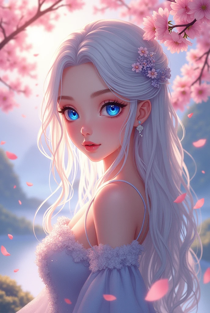 Anime art style masterpiece, enchanting woman with large, expressive blue eyes radiating depth and curiosity, silky icicle white hair cascading down in soft waves, elegant features accentuated with delicate blush on cheeks, intricate attire featuring flowing fabrics adorned with magical motifs, draping elegantly around her figure, graceful and poised posture, ethereal glow enveloping her, soft pastel color palette enhancing the dreamlike quality of the scene, set against a beautifully illustrated background of a serene and enchanting landscape, flourishing cherry blossoms surrounding her, petals gently falling like snowflakes, the morning sun filtering through the trees creating dappled light effects, cinematic composition highlighting the character at the center, balanced placement of soft, harmonious elements around her, inviting atmosphere exuding warmth and tranquility, captured in a dynamic yet fluid anime artistic style that emphasizes smooth lines and vibrant color contrasts, meticulous detailing on the character's eyes, reflecting an inner light that draws viewers in, deepening the sense of connection with the audience, enhancing the overall enchanting narrative and artistic journey.