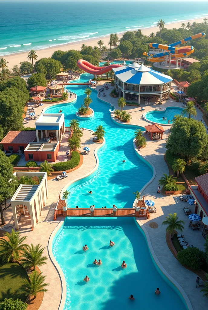an Aqua Park with slide and wave pool, large swimming pool, slow river, with water games and themed restaurant and parking
on a plot of 11430m² close to the sea and in the first position of a road all in one photo