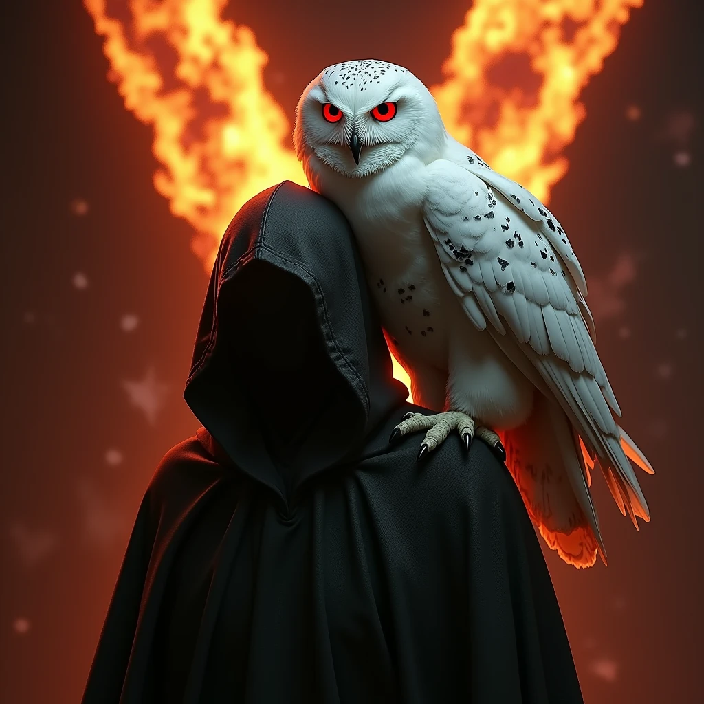 A white owl with red eyes, with a bad face, on the shoulder of a shadow, with the letter Y of fire in the background