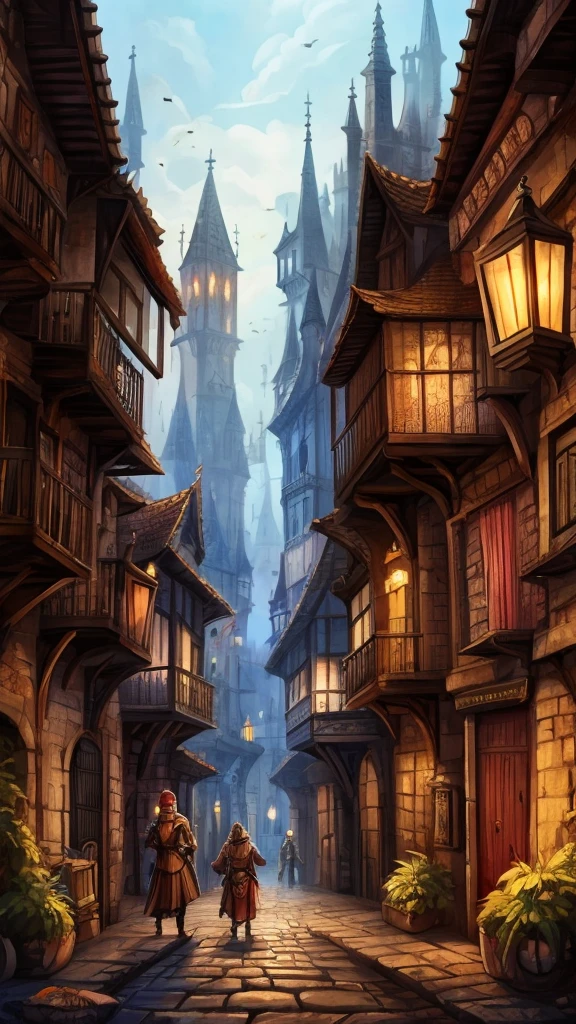 Calles De una ciuDaD De fantasía meDieval concurriDas con personas De Diferentes razas fantásticas. Estilo Denilustración De D&D.