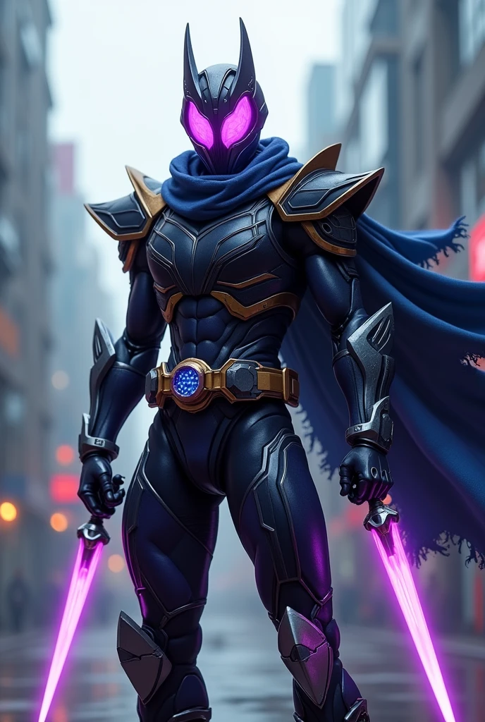 Futuristic, kamen rider, with a dual wielding dagger, with a sharp eyes purple glow, with medium armor suit, torn dark blue scraf