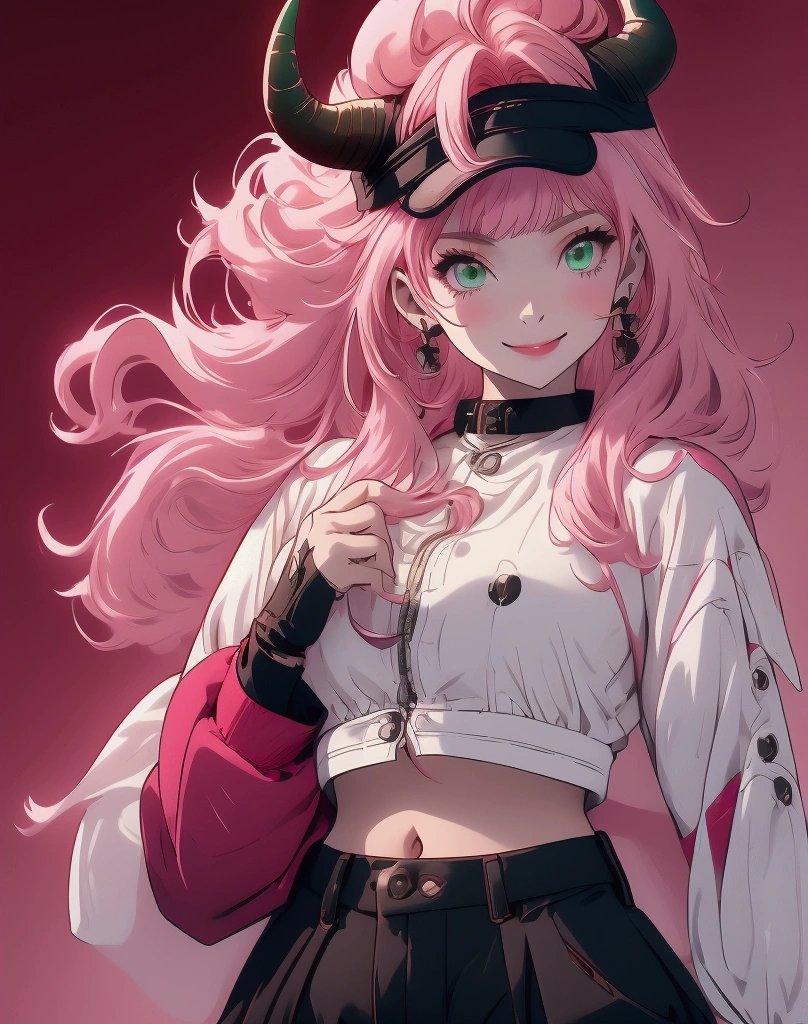 1 girl, fingerless gloves, gloves, green eyes, black cap, red horns, jacket,  looks at the viewer, pink hair, one pony tail, red nails, solo,  chest, white top, green eyes, jacket, looks at the viewer, mid-body, navel, pink hair, one pony tail, black shorts, solo, Hip Strap,  red horns, looks at the viewer, middle chest, navel, one pony tail, short shorts, black shorts, smile, solo, chest, green eyes, smirk, big chest, looks at the viewer, pink hair, red jacket, smile, solo, no ears, The girl winked victory hand, upper body, Little hair, no ears , sexy