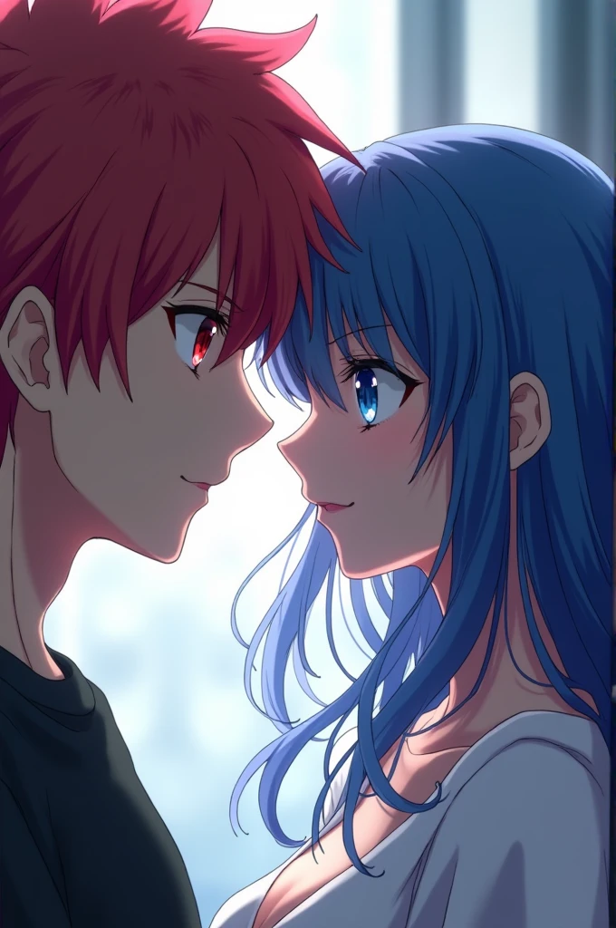 Make me a picture: school anime art style, A man with red hair, red eyes and looking into the distance at a woman with long blue hair and purple tips, blue colored eyes, and white clothes.