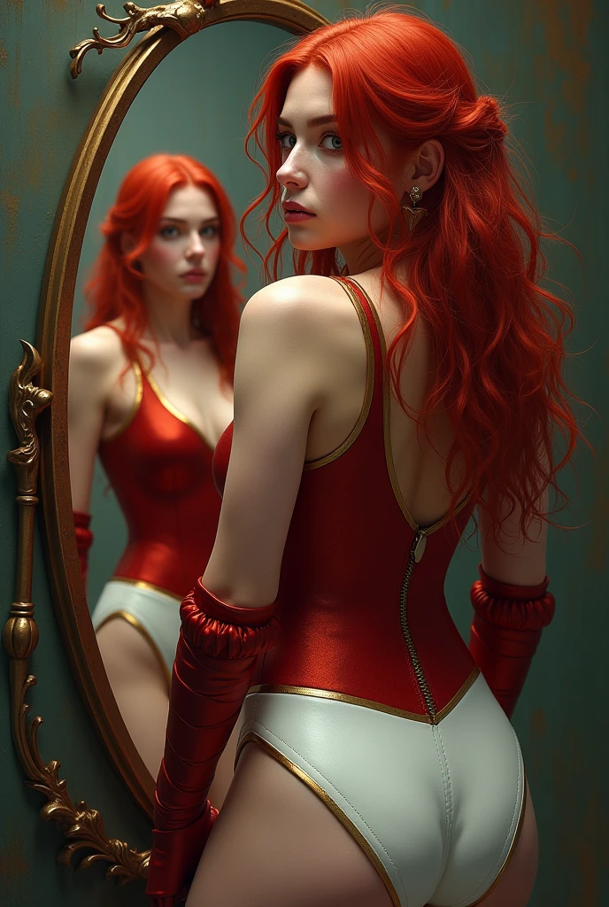 Desenhe a modelo Susan Coffey como uma maga de Dungeons e Dragons, pinky skin, with messy, flowing red hair, focus on Susan Coffey's very realistic face, Julie Bell style drawing, she is wearing a red maga bodysuit with golden tones and a white leather mini skirt with golden edges, with his back turned looking at the mirror and the reflection looking at the screen talking. high resolution, 8k.