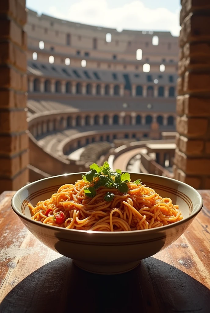Create an bowl of the best noodles in the world made in the roman colloseum