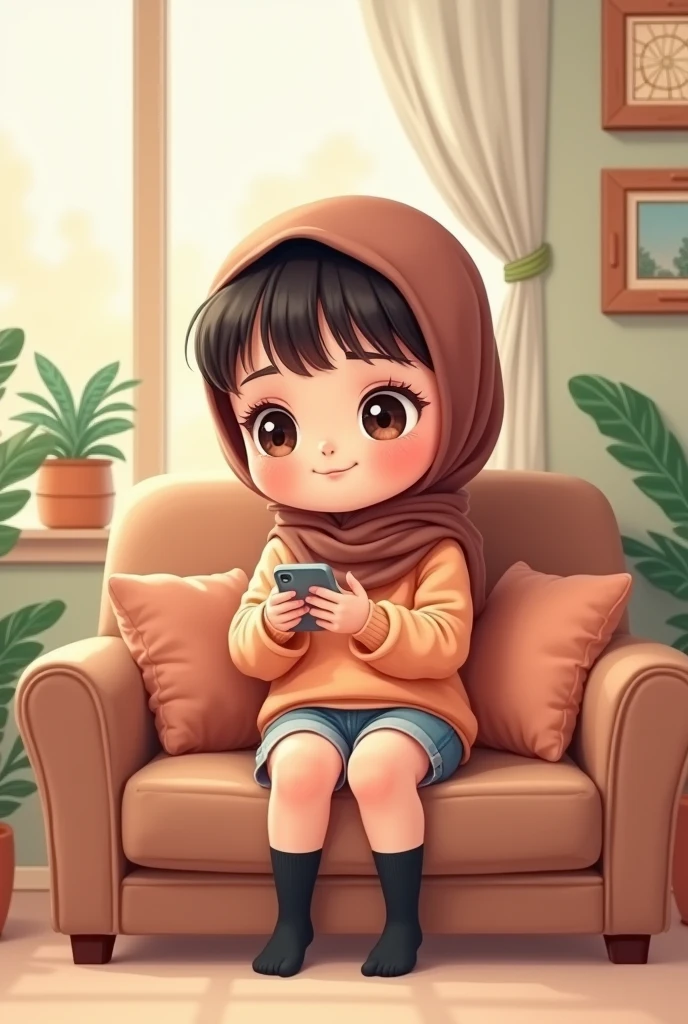 Cartoon with text: 
(masterpiece, best quality, 4k, expressive eyes, perfect face, 2d style, flat style, hand drawn), Cute and adorable face, big detailed eyes,, Cute  cartoon girl, with brown hijab on, bangs, , ((peach sweater, shorts, black socks)), in living room, using phone, ((perfect feet, beautiful feet)), full body view, sitting on sofa