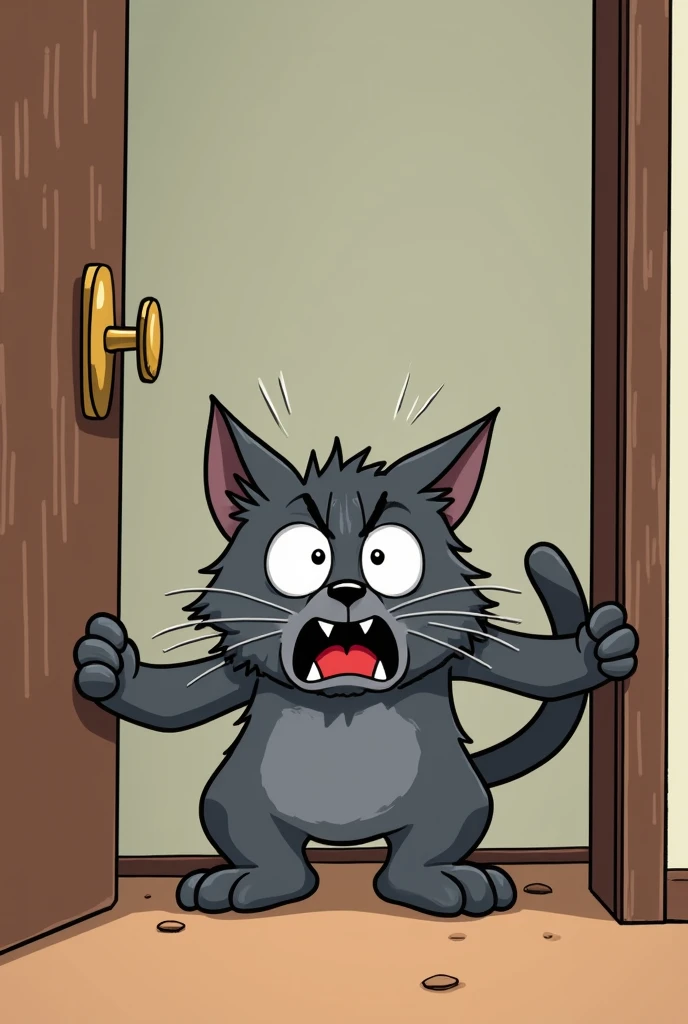 (cartoon style) scared gray cat blocking a door
