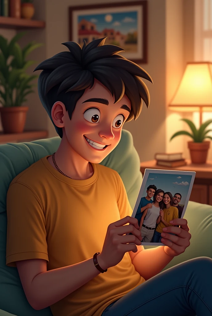 A young man looks at a photo with his friends, smiling happily in a corner of the house.