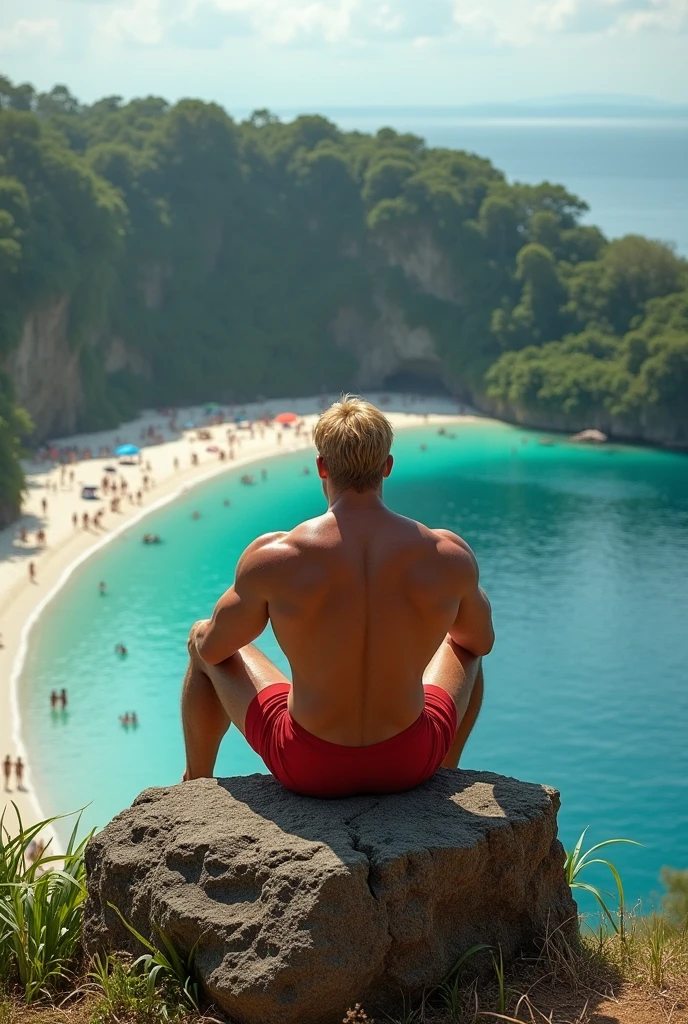 There is a strong, muscular young blond man in red underwear sitting on a rock at a viewpoint at the end of a paved road with a privileged view just below a large lagoon of Madeira Amaxonas river waters and a white sand beach with many people..