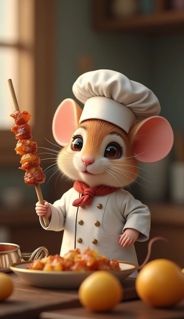 A little mouse wearing chef's clothes and his chef's hat, holding a skewer of cooked meat with potatoes in his hand.