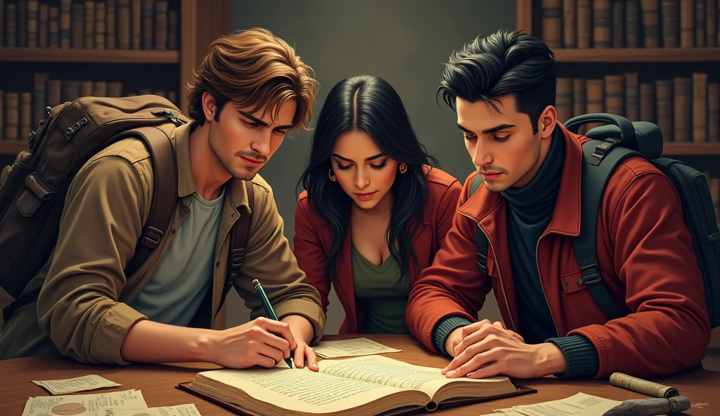"A close-up of a wooden table cluttered with old papers and a single dusty book. The book has a hidden compartment with a cryptic riddle. The table is surrounded by shelves filled with leather-bound volumes. Alex(Alex: A man with tousled brown hair, dressed in a brown jacket over a gray t-shirt. He has a rugged, adventurous look, carrying a backpack, suggesting he's ready for a journey or an outdoor adventure.) is examining the book, while Jamie (Jamie: A sharp-looking man with short dark hair, wearing a red jacket over a black turtleneck. He has a focused, intense expression, and is also carrying a backpack, giving off the vibe of someone on a mission in an urban environment.) Priya(Priya: A woman with long black hair, dressed in traditional attire with gold earrings. She has a serious, contemplative expression, standing in a warmly lit setting, suggesting depth and mystery in her character.) scans the room for additional clues."