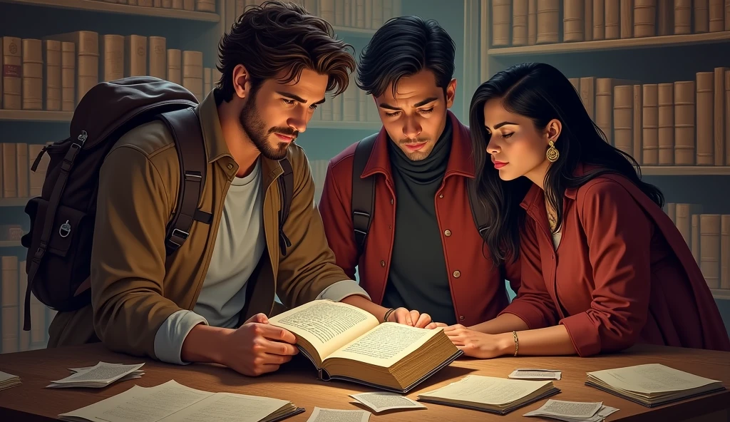 "A close-up of a wooden table cluttered with old papers and a single dusty book. The book has a hidden compartment with a cryptic riddle. The table is surrounded by shelves filled with leather-bound volumes. Alex(Alex: A man with tousled brown hair, dressed in a brown jacket over a gray t-shirt. He has a rugged, adventurous look, carrying a backpack, suggesting he's ready for a journey or an outdoor adventure.) is examining the book, while Jamie (Jamie: A sharp-looking man with short dark hair, wearing a red jacket over a black turtleneck. He has a focused, intense expression, and is also carrying a backpack, giving off the vibe of someone on a mission in an urban environment.) Priya(Priya: A woman with long black hair, dressed in traditional attire with gold earrings. She has a serious, contemplative expression, standing in a warmly lit setting, suggesting depth and mystery in her character.) scans the room for additional clues."